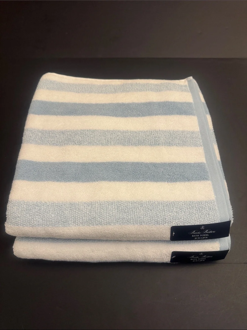 2pc BROOKS BROTHERS Cotton Oversized Light Blue & White Stripe Bath Towel Set